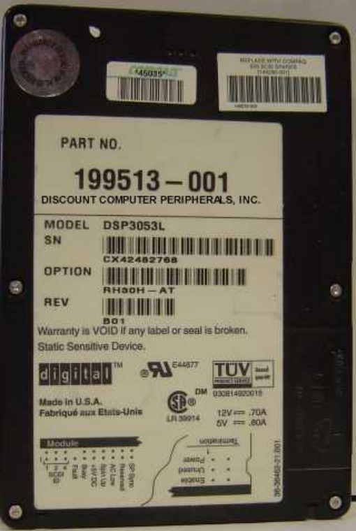 COMPAQ 199513-001 - 535MB 3.5IN 3H SCSI 50PIN DSP3053L