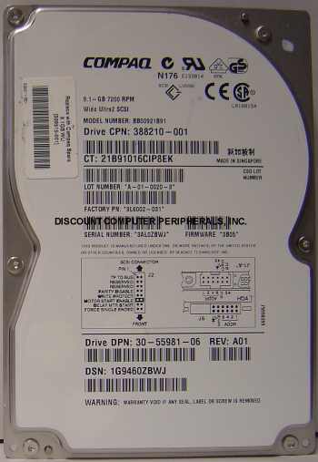 COMPAQ 388210-001 - 9.1GB 7200RPM 3.5IN SCSI 68PIN BB00921B91 ST