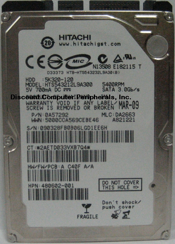 HITACHI HTS543212L9A300 - 120GB 5400RPM SATA-3GBS 2.5 INCH DRIVE
