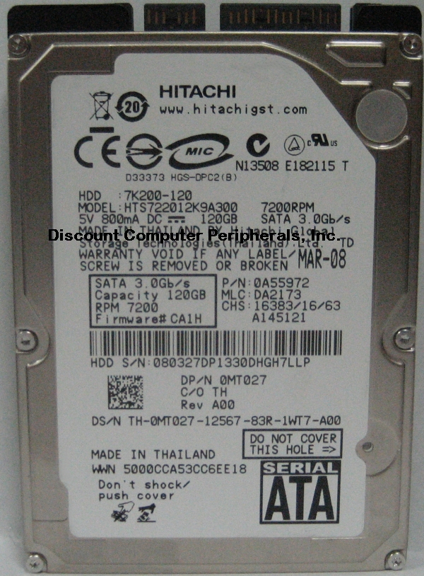 HITACHI HTS722012K9A300 - 120GB 7200RPM SATA-300 2.5IN - Call or