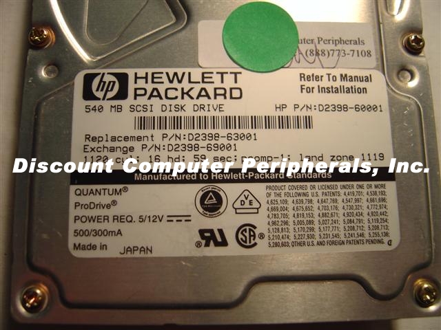 HEWLETT PACKARD D2398-60001 - 540MB 3.5IN SCSI 50PIN D2398-63001
