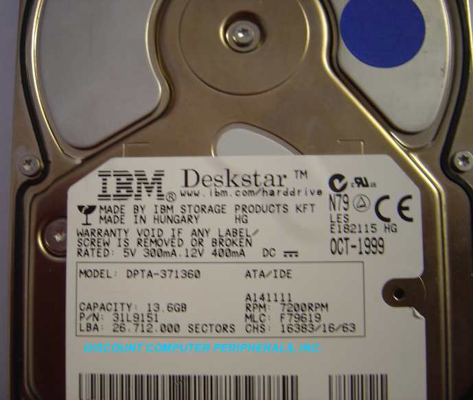 IBM DPTA-371360 - 13.6GB 7200RPM ATA-66 3.5IN 3H IDE 31L9151 - C