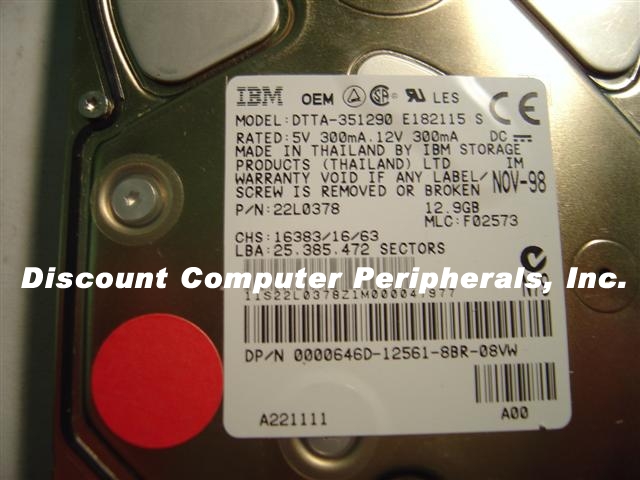 IBM DTTA-351290 - 12.9GB IDE 3.5IN LP - Call or Email for Quote.