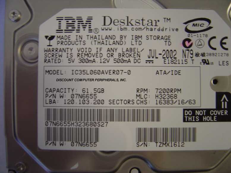 IBM IC35L060AVER07-0 - 60GB 7200 RPM ATA-100 3.5 IDE - Call or E