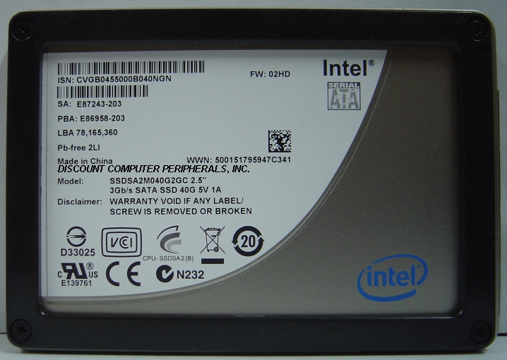 INTEL SSDSA2M040G2GC - 40GB SSD SOLID STATE SATA II 2.5IN DRIVE