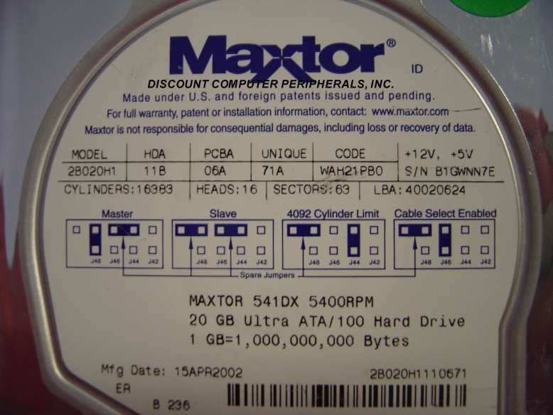 MAXTOR 2B020H1 - 20GB 5400RPM ATA-100 3.5IN IDE - Call or Email