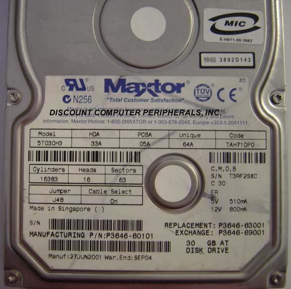 MAXTOR 5T030H3 - 30GB 7200RPM ATA-100 3.5 IDE - Call or Email fo