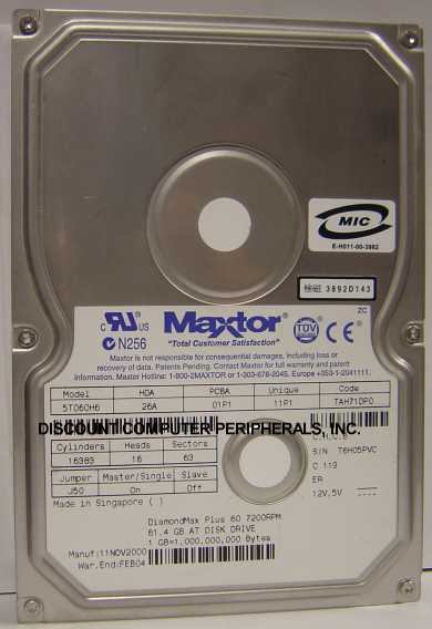 MAXTOR 5T060H6 - 60GB 3.5 3H IDE - Call or Email for Quote.