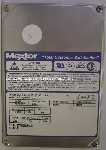 MAXTOR 71260AT - 1.2GB 3.5IN IDE - Call or Email for Quote.