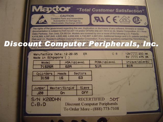 MAXTOR 71626A - 1.6GB 3.5LP IDE - Call or Email for Quote.