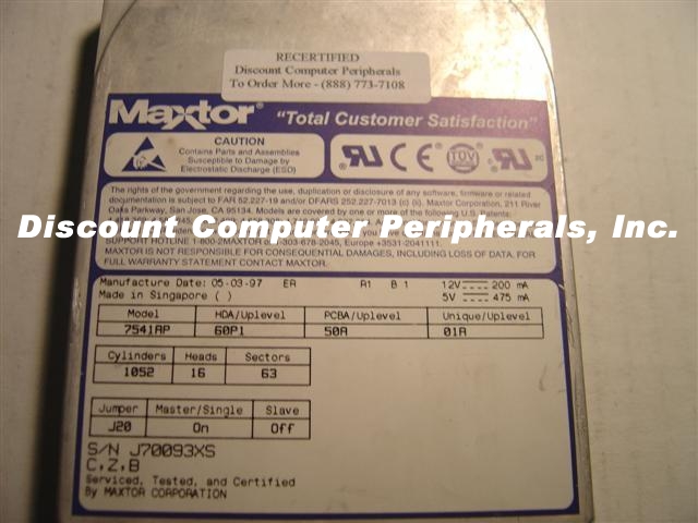 MAXTOR 7541AP - 540MB IDE 3.5 3H - Call or Email for Quote.