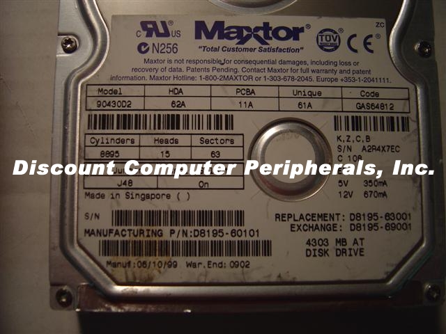MAXTOR 90430D2 - 4.3GB 3.5 3H IDE - Call or Email for Quote.