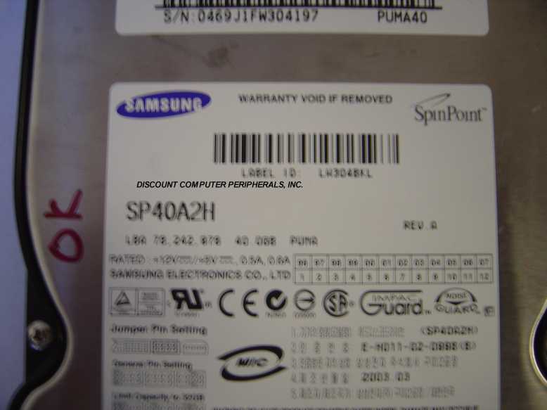 SAMSUNG SP40A2H - 40GB 7200RPM  3.5IN LP IDE - Call or Email for
