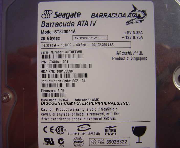 SEAGATE ST320011A - 20GB 7200RPM ATA/100 3.5IN IDE LP - 3 Day Le