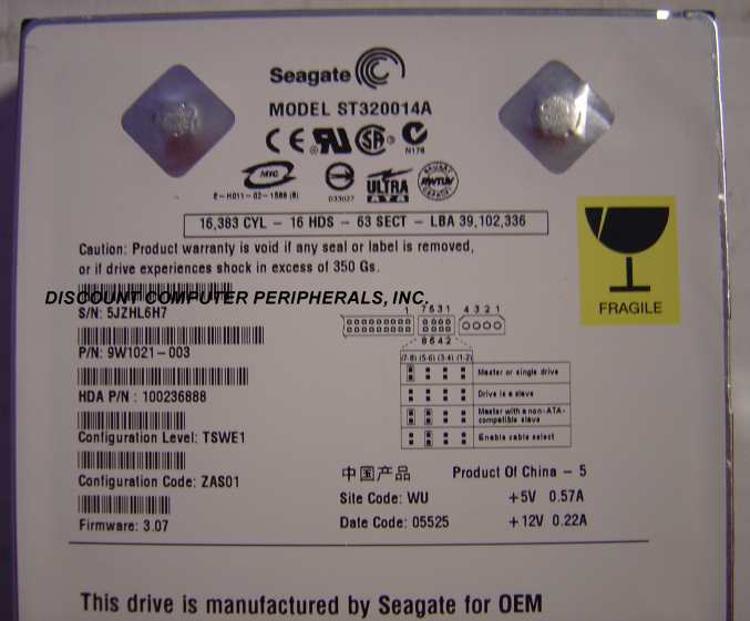 SEAGATE ST320014A - 20GB 5400RPM ATA/100 3.5IN IDE LP