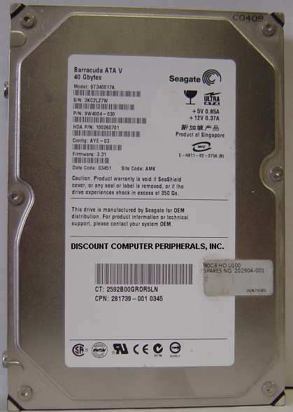 SEAGATE ST340017A - 40GB 7200RPM ATA100 3.5LP IDE - Call or Emai