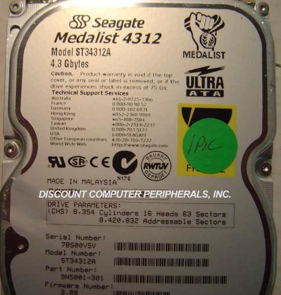 SEAGATE ST34312A - 4.3GB 3.5IN IDE - 3 Day Lead Time To Ship.