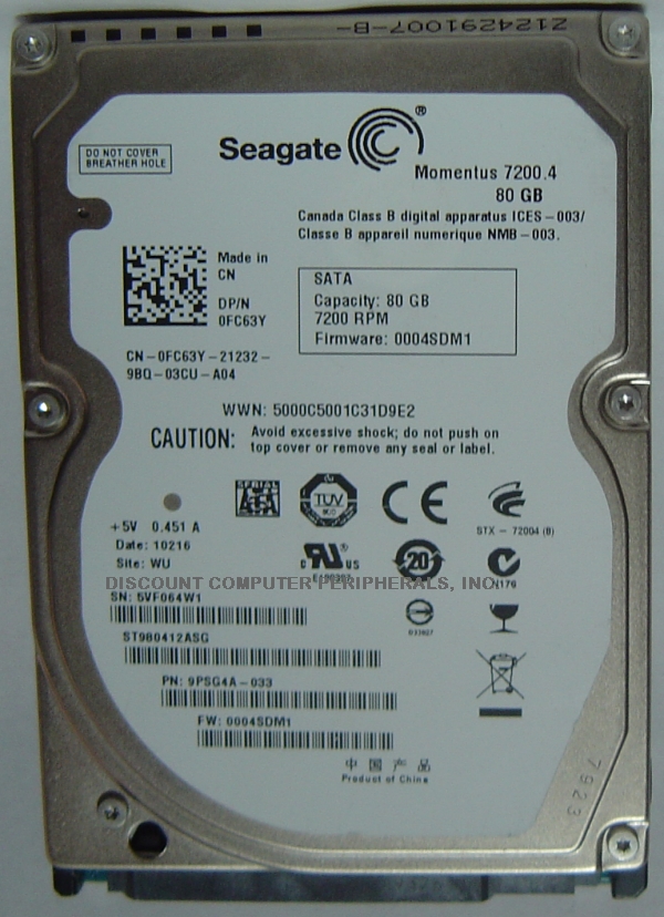 SEAGATE ST980412ASG - 80GB 7200RPM SATA-300 2.5IN LAPTOP DRIVE -