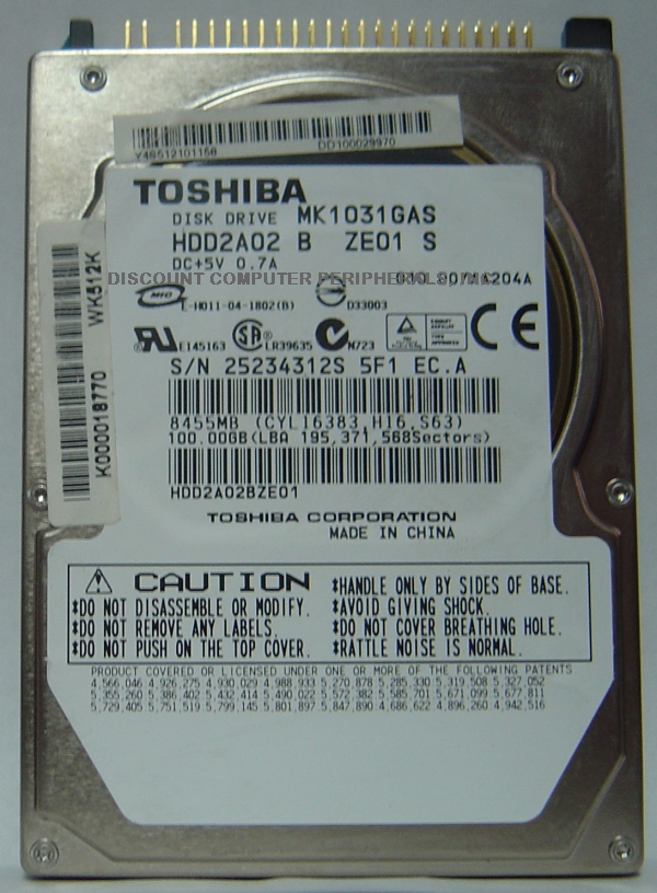 TOSHIBA MK1031GAS - 100GB 2.5IN 4200RPM ATA-100 IDE HDD2A02