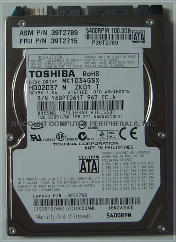 TOSHIBA MK1034GSX - 100GB 5400RPM SATA-150 2.5 INCH HDD2D37