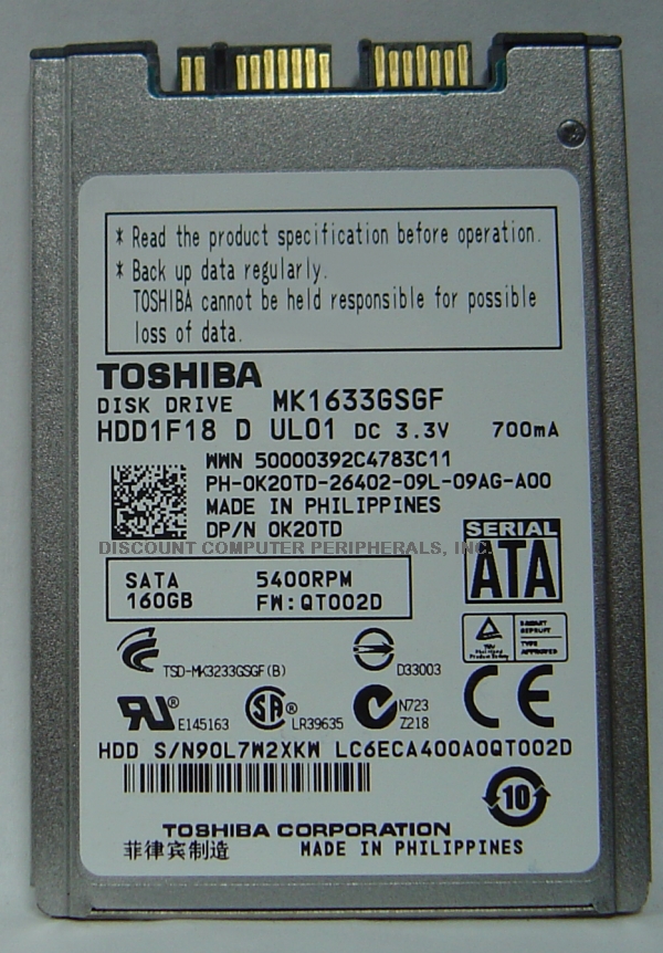 TOSHIBA MK1633GSGF - 160GB 5400RPM 8MM mSATA II 3GBS 1.8 INCH HD