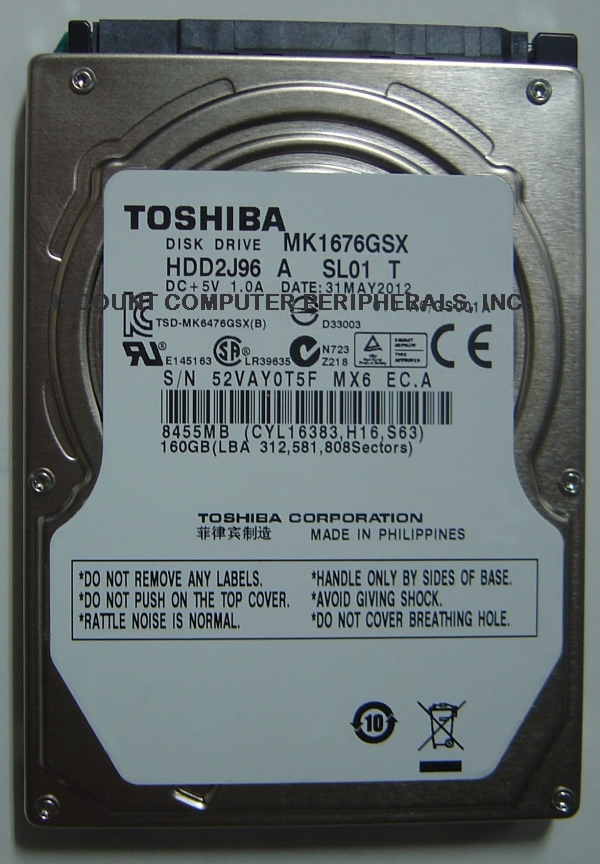 TOSHIBA MK1676GSX - 160GB 5400RPM SATA-300 2.5 INCH HDD2J96 - Ca