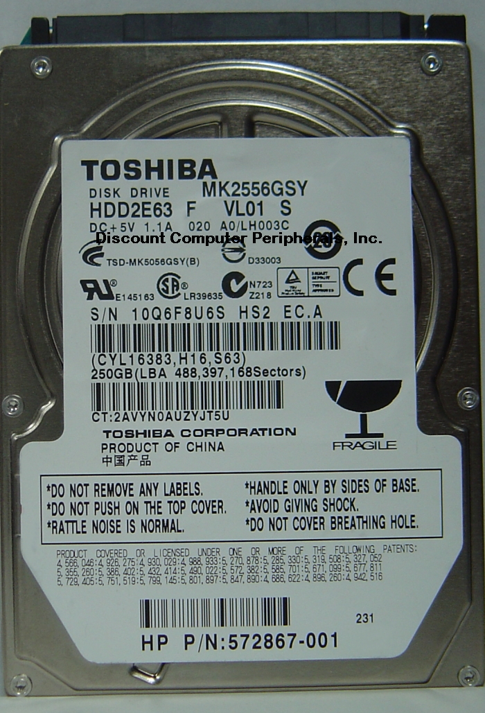 TOSHIBA MK2556GSY - 250GB 7200RPM SATA-300 2.5 INCH HDD2E63 - Ca