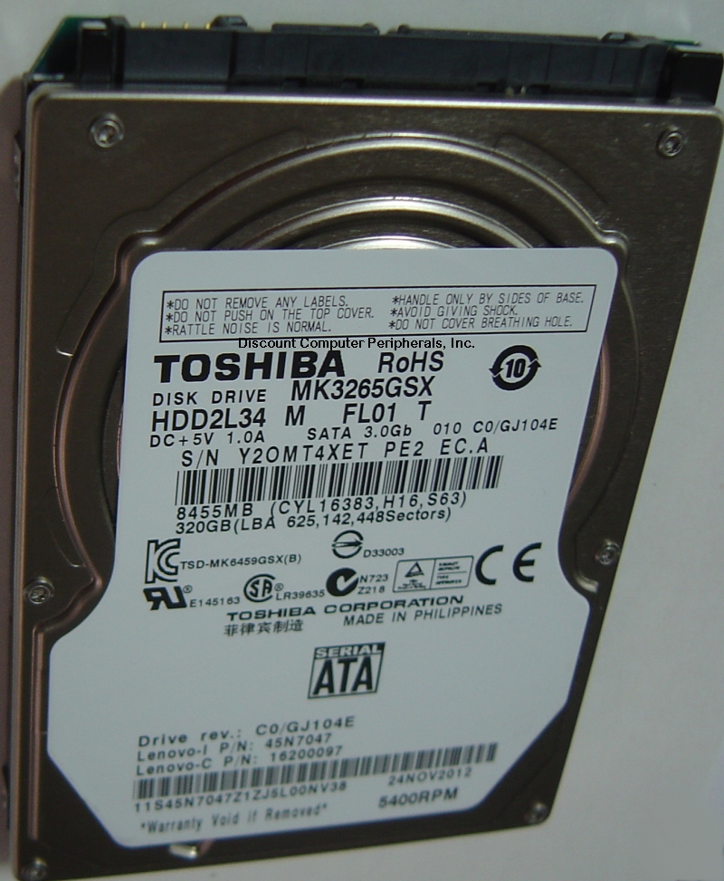 TOSHIBA MK3265GSX - 320GB 5400RPM SATA-300 2.5 INCH HDD2L34 - Ca