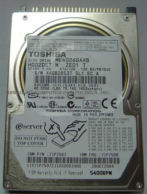 TOSHIBA MK4026GAXB - 40GB 5400RPM ATA-100 9.5MM 2.5IN IDE DRIVE
