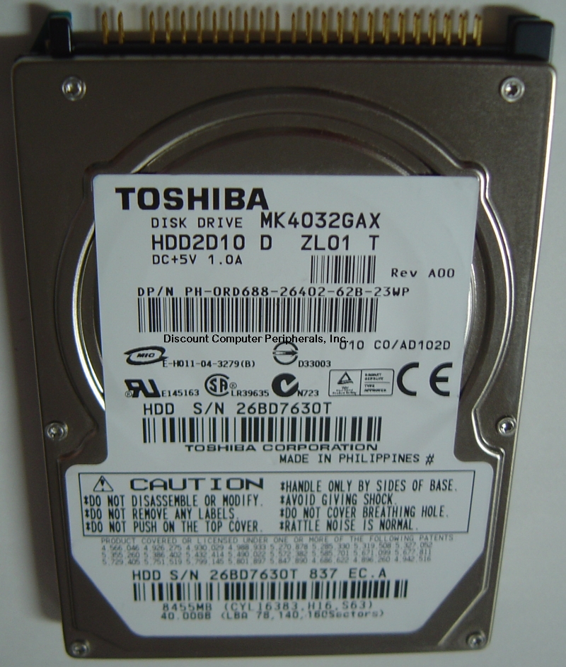 TOSHIBA MK4032GAX_NEW - 40GB 5400RPM ATA-100 9.5MM 2.5IN IDE DRI