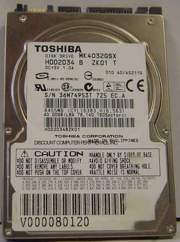 TOSHIBA MK4032GSX - 40GB 5400RPM 9.5MM SATA-150 2.5 INCH HDD2D34