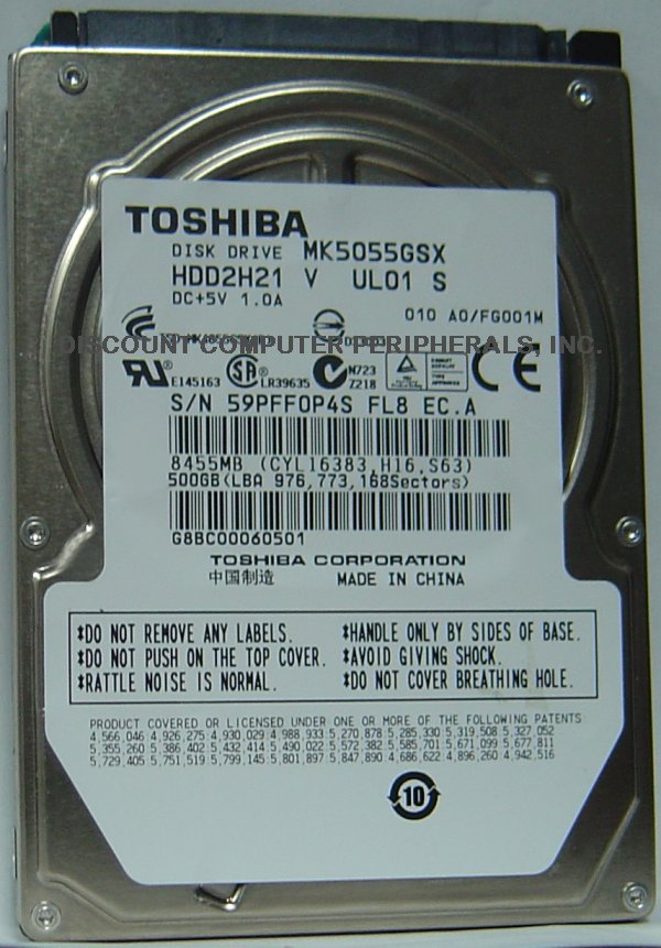 TOSHIBA MK5055GSX - 500GB 5400RPM SATA-300 2.5 INCH HDD2H21 - Ca