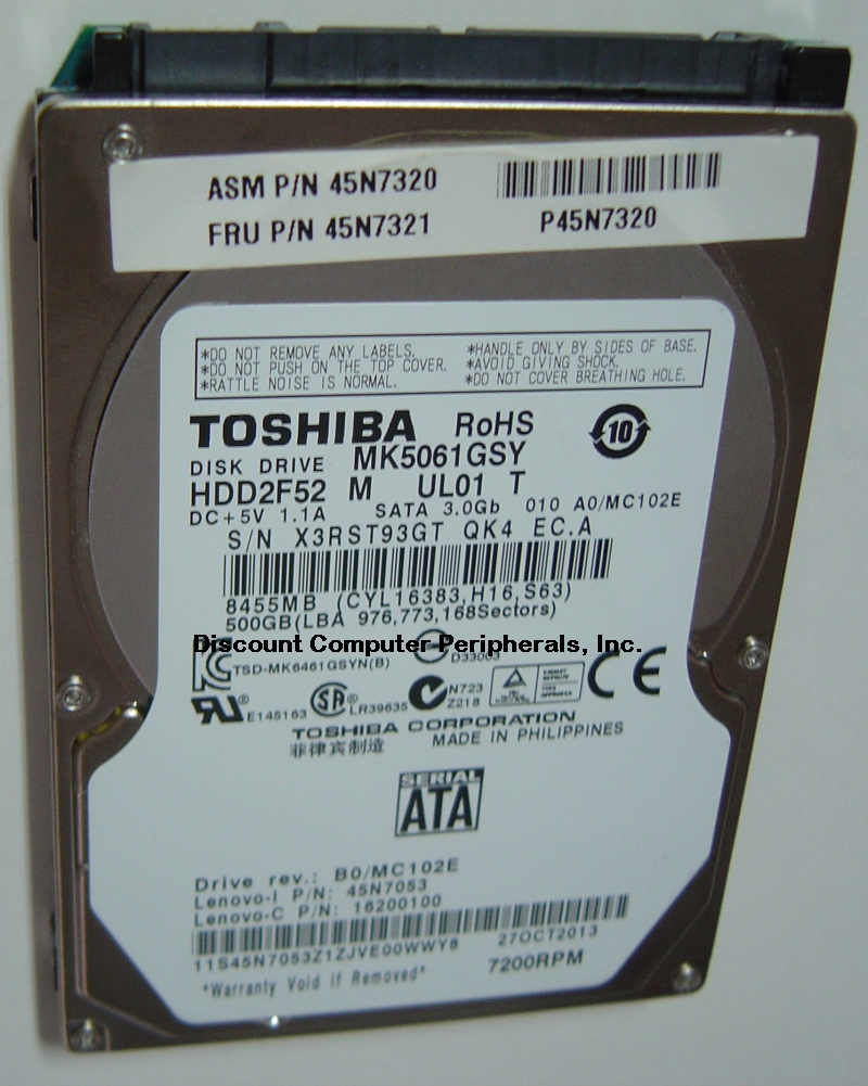 TOSHIBA MK5061GSY - 500GB 7200RPM SATA-300 2.5 INCH HDD2F52 - Ca