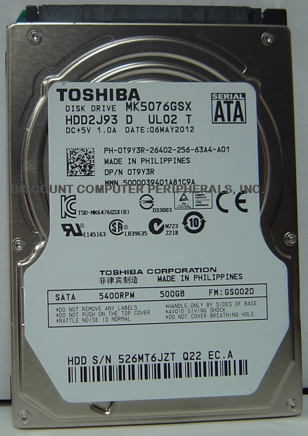 TOSHIBA MK5076GSX - 500GB 5400RPM SATA-300 2.5 INCH HDD2J93 - Ca