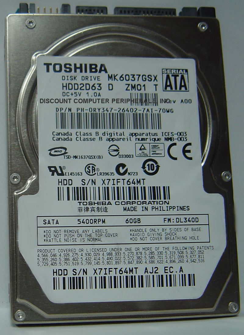 TOSHIBA MK6037GSX - 60GB 5400RPM SATA-150 2.5 INCH HDD2D63 - Cal