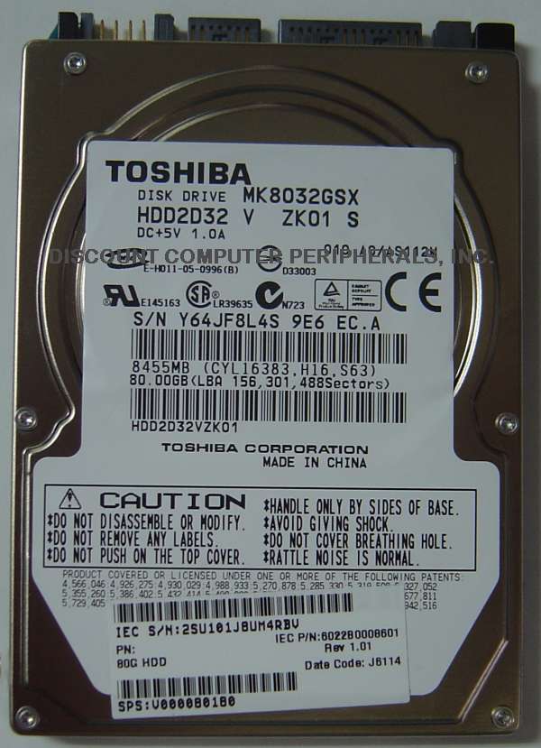 TOSHIBA MK8032GSX - 80GB 5400RPM SATA-150 2.5 INCH HDD2D32 - Cal