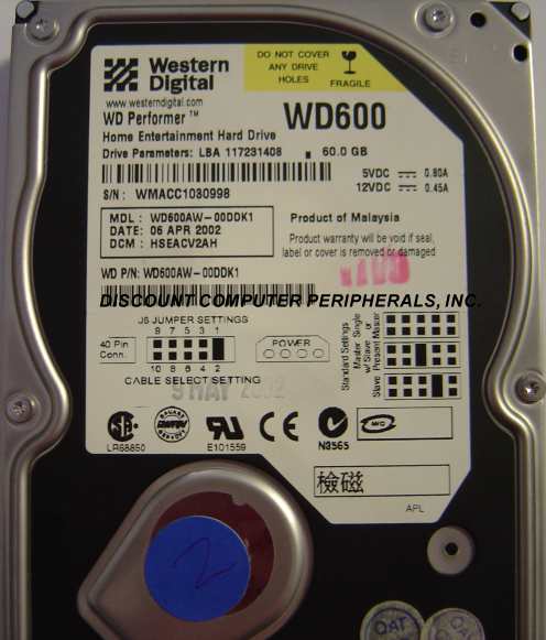 WESTERN DIGITAL WD600AW - 60GB 5400RPM ATA/100 3.5IN IDE LP - Ca