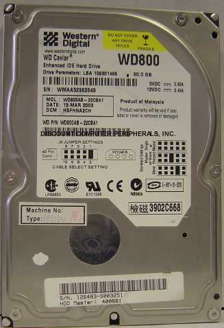 WESTERN DIGITAL WD800AB - 80GB 5400RPM ATA-100 3.5IN IDE LP - Ca